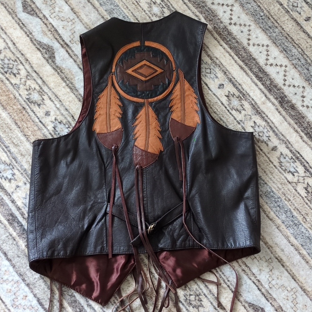 Vintage Mexican Leather Vest w/Fringe & Feather Applique. Sz M. Brown - Picture 11 of 11